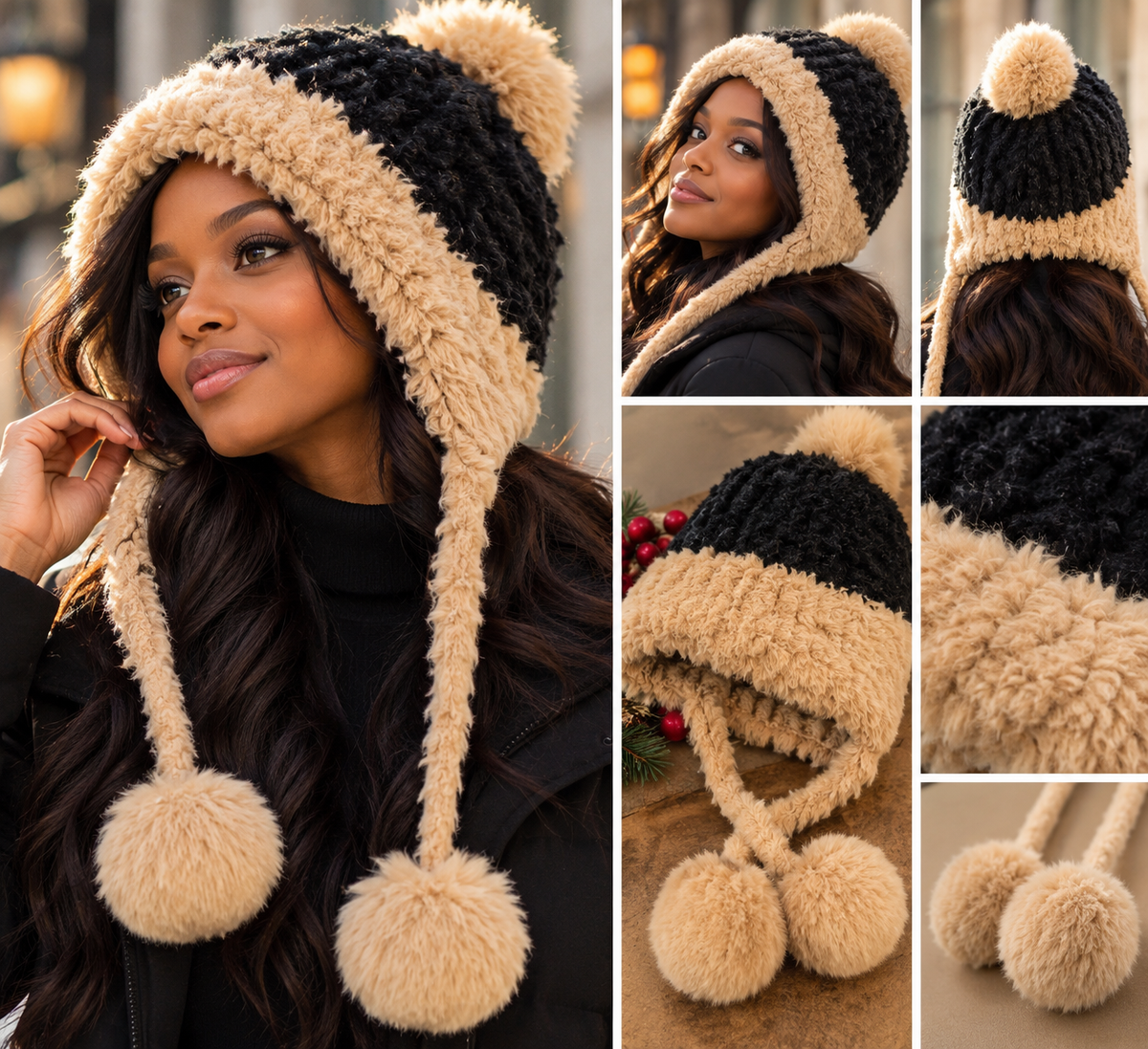 Ultra-Soft Two-Tone Plush Winter Hat with Pom-Pom Ties – Cozy Earflap Hat
