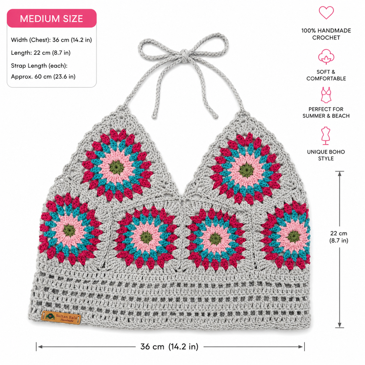 Handmade Crochet Granny Square Bikini Top | Adjustable Halter Boho Bralette | Medium Size | 2 Colors