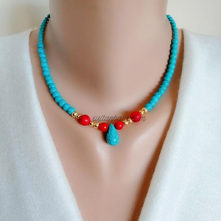 Turquoise Coral Gemstone Nck and Brac. Set