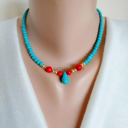 Turquoise Coral Gemstone Nck and Brac. Set