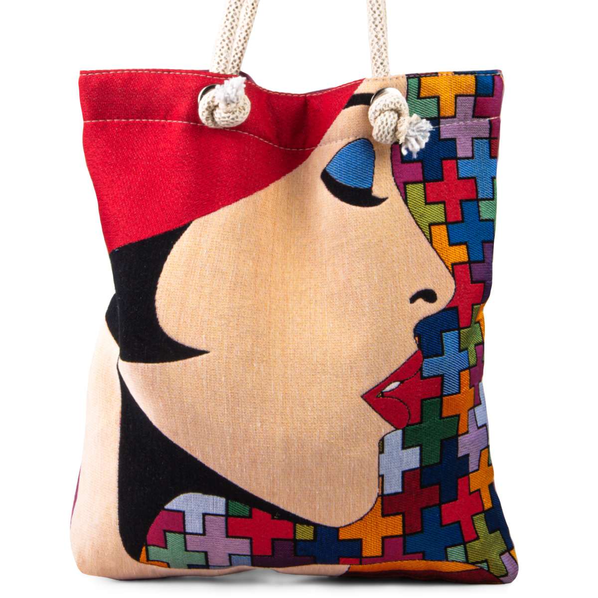 Artistic Woman Tapestry Tote Bag – Colorful Woven Art Shoulder Bag