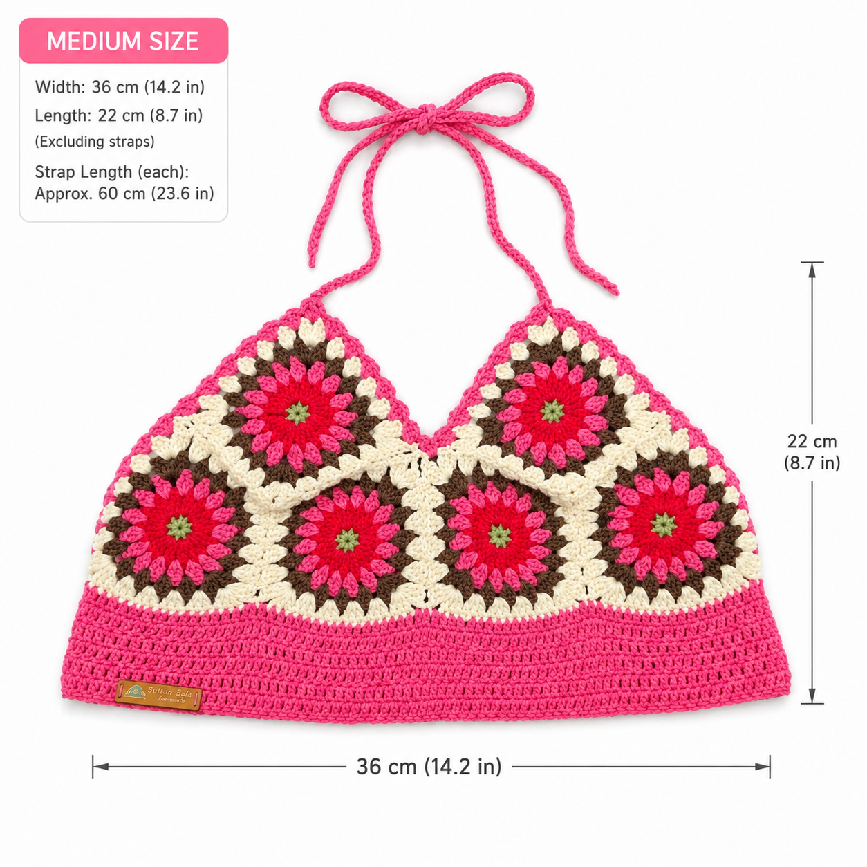 Handmade Crochet Granny Square Bikini Top | Adjustable Halter Boho Bralette | Medium Size | 2 Colors