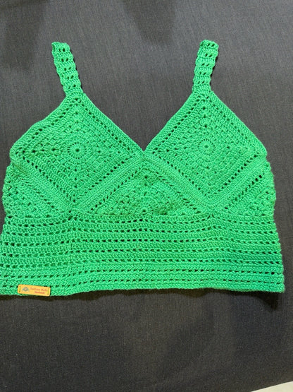 Handmade Crochet Tank Top | Women's Cotton Boho Summer Top | Emerald Green Crochet Crop Top | Medium