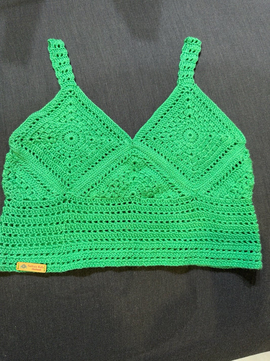 Handmade Crochet Tank Top | Women's Cotton Boho Summer Top | Emerald Green Crochet Crop Top | Medium