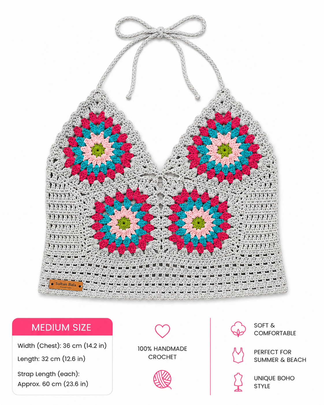 Handmade Crochet Granny Square Bikini Top | Adjustable Halter Boho Bralette | Medium Size | 2 Colors