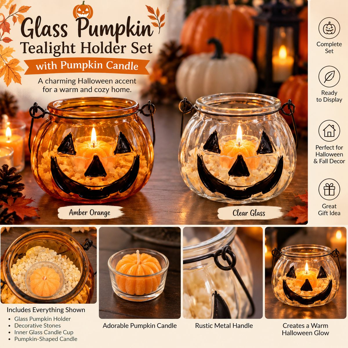 Glass Pumpkin Tealight Holder Set with Pumpkin Candle – Halloween Jack-O’-Lantern Decor