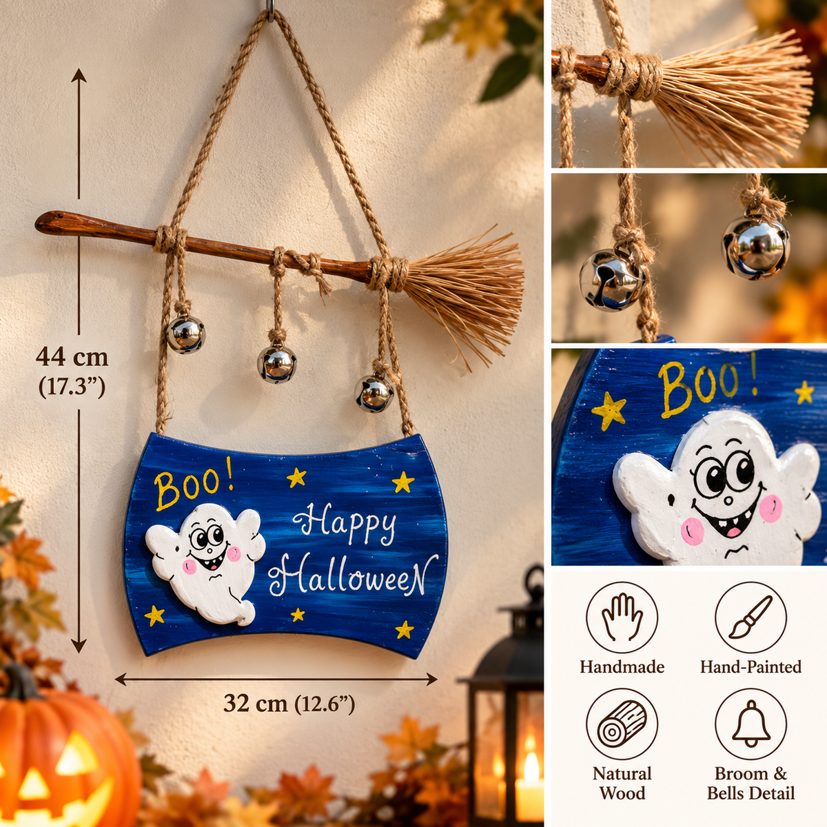 Ghost or Dracula   Wooden Halloween Hanging Décor with Broom & Bells HM