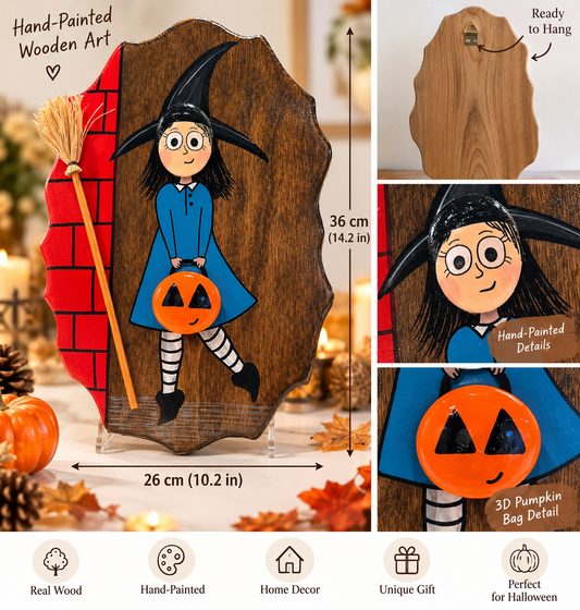 Halloween Witch Girl with Pumpkin Bag L – 14.2" Wall Decor