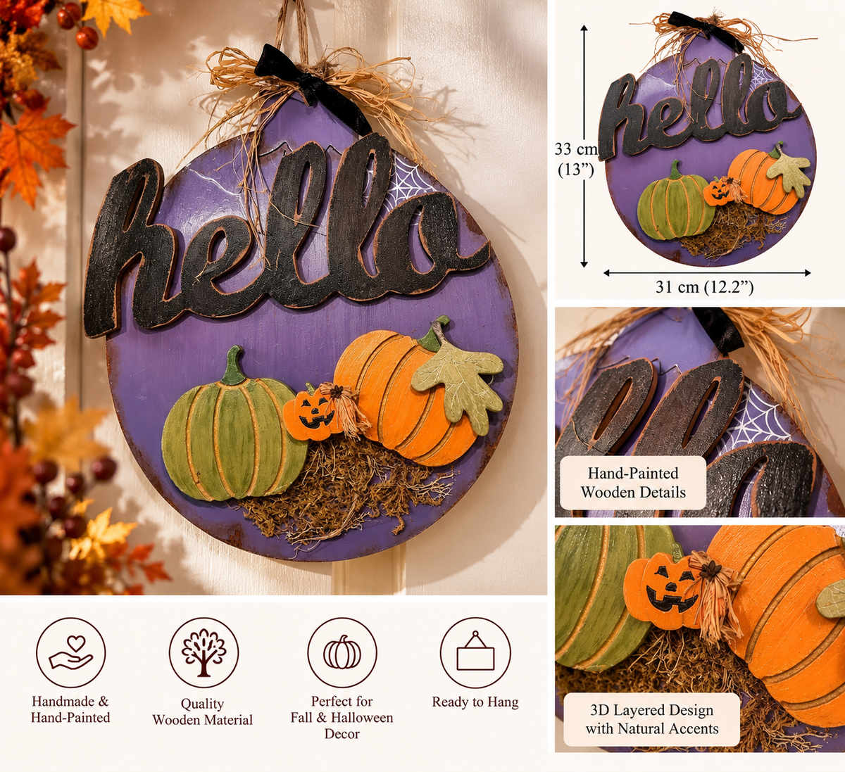 Hand-Painted Wooden “Hello” Pumpkin Wall & Door Decor – 3D Fall Halloween Sign
