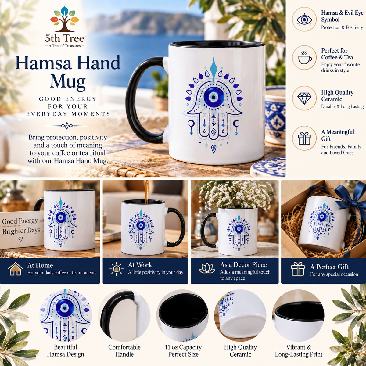 Hamsa Hand & Evil Eye Ceramic Mug – 11 oz Coffee & Tea Cup | Mediterranean Gift