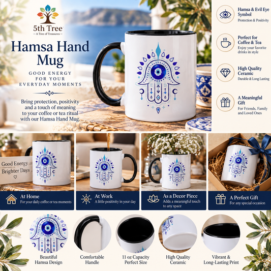 Hamsa Hand & Evil Eye Ceramic Mug – 11 oz Coffee & Tea Cup | Mediterranean Gift