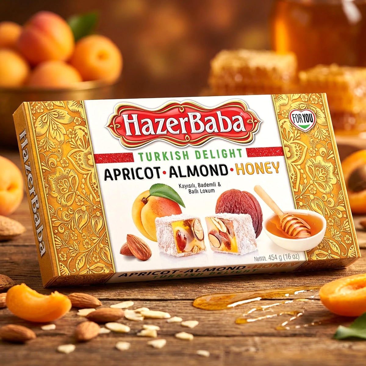 Hazer Baba Turkish Delight Candy with Apricot, Almond & Honey,  Halal, Kosher, 16oz (454g)