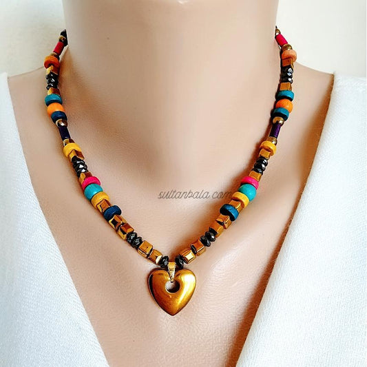 Hematite and Wooden Bead Necklace