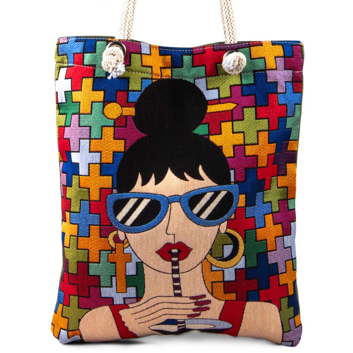 Artistic Woman Tapestry Tote Bag – Colorful Woven Art Shoulder Bag