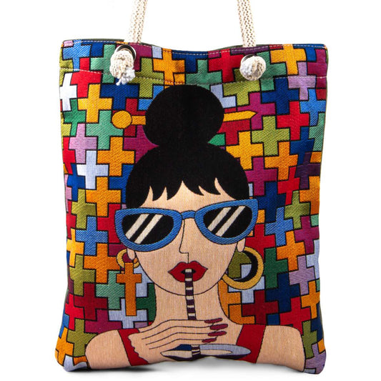 Artistic Woman Tapestry Tote Bag – Colorful Woven Art Shoulder Bag