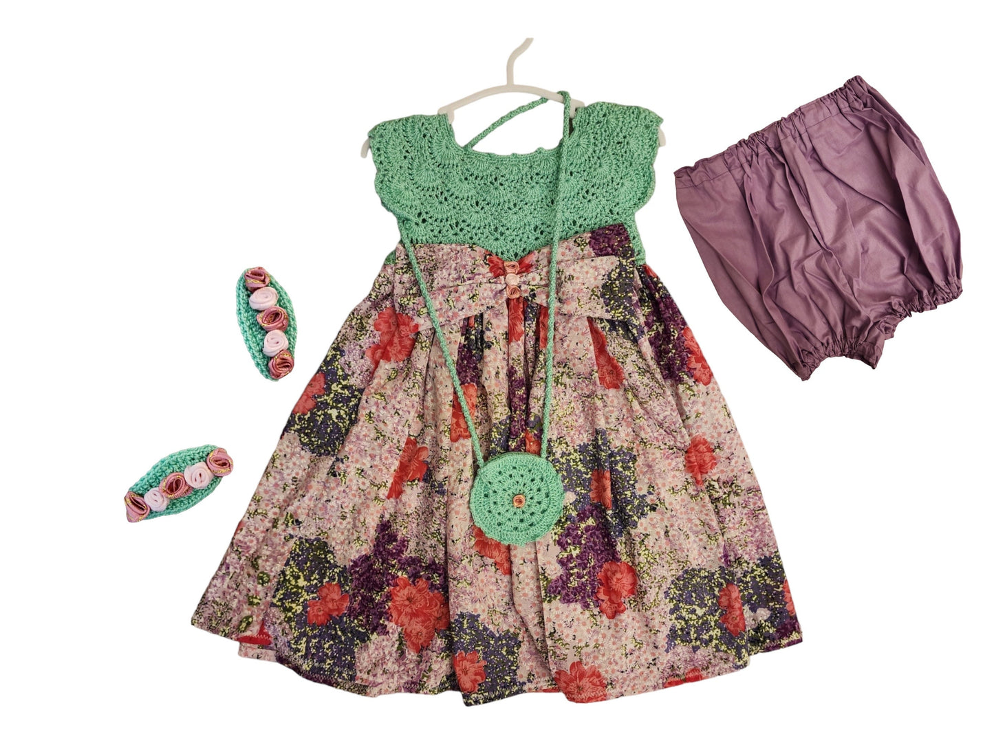 4 Pcs Toddler Green Upper Knit Girl's Dress with Floral Pattern Skirted , Knitting Girl Outfit, Crochet  Dress & Bag, Bulks, and shorts,3TEE