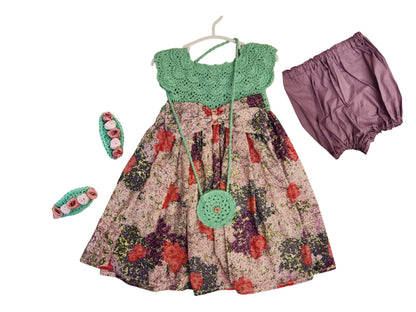 4 Pcs Toddler Green Upper Knit Girl's Dress with Floral Pattern Skirted , Knitting Girl Outfit, Crochet  Dress & Bag, Bulks, and shorts,3TEE