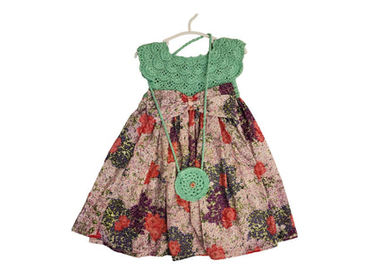 4 Pcs Toddler Green Upper Knit Girl's Dress with Floral Pattern Skirted , Knitting Girl Outfit, Crochet  Dress & Bag, Bulks, and shorts,3TEE