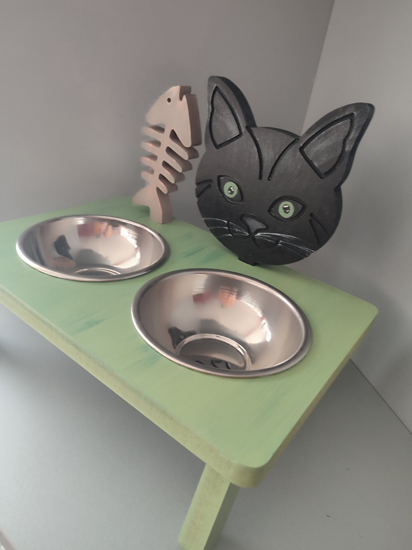 Wooden Raised Black Cat Food Stand comes with two bowels., Specially designed for your cat breed, Handmade Pet Decorate feeder,