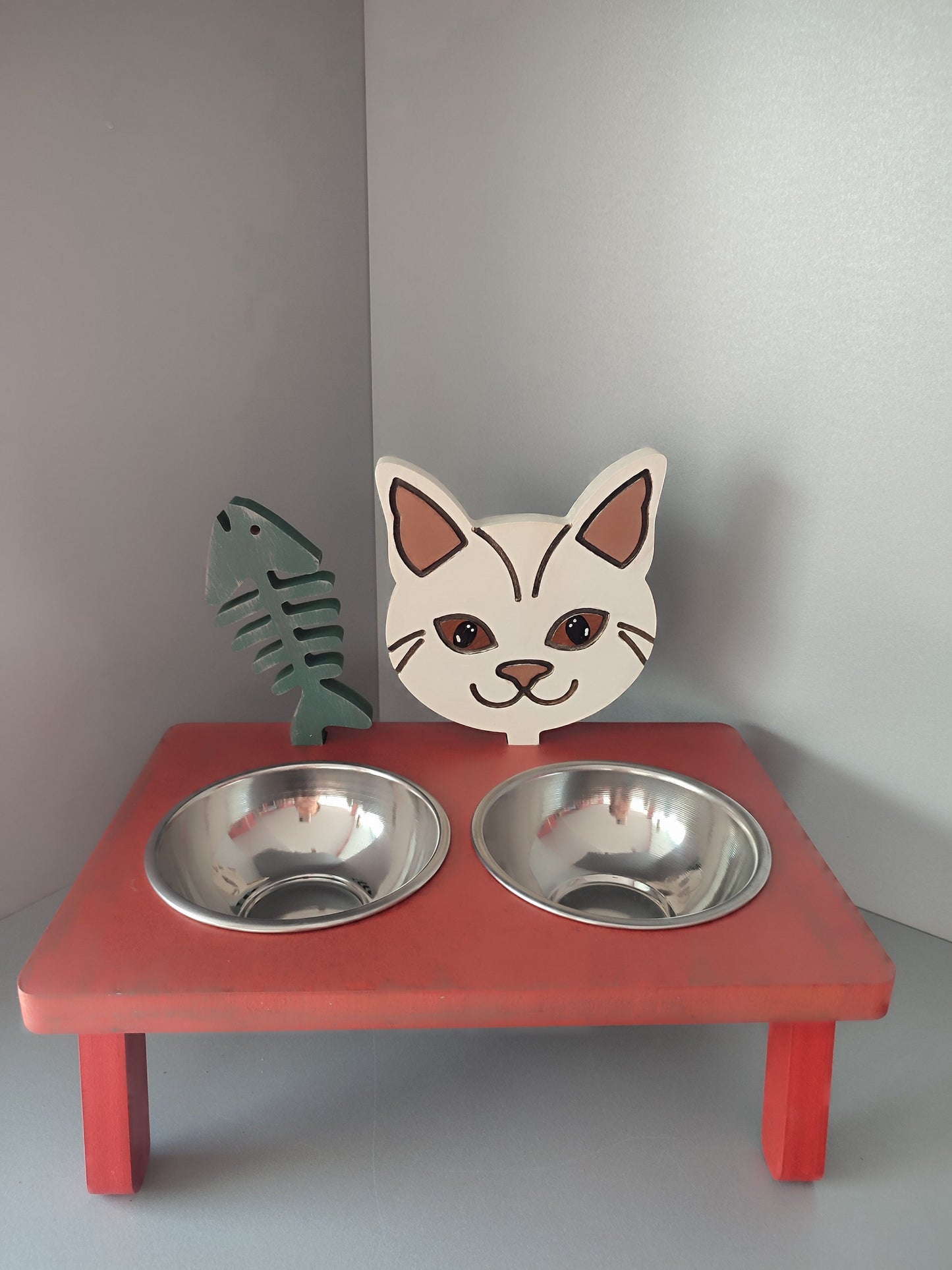 Specially  for your white cat breed, Handmade Pet Decorate feeder, Wooden Raised Cat Food Stand comes with two bowels.,