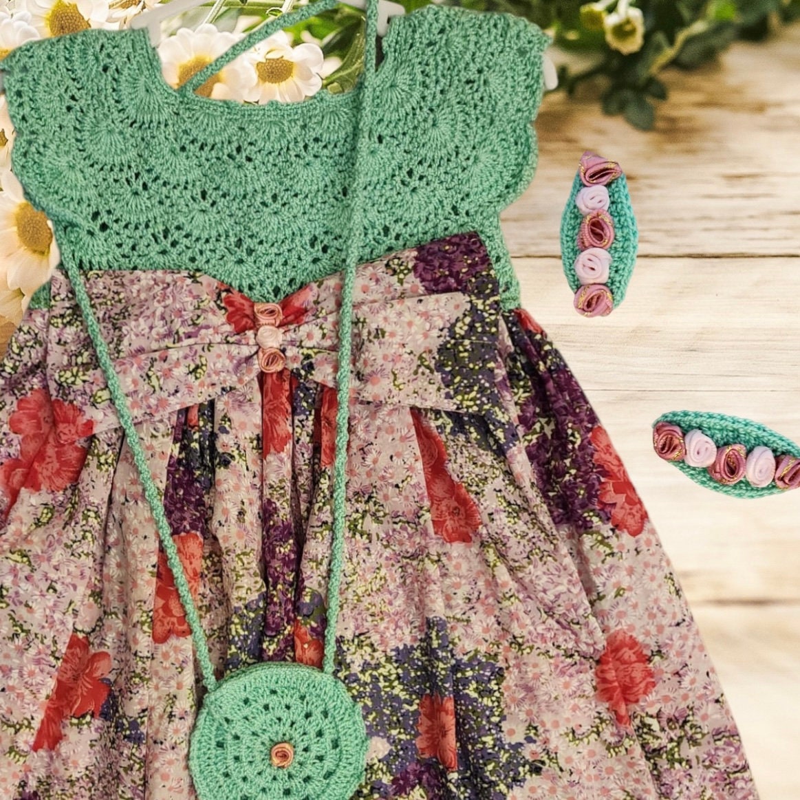 4 Pcs Toddler Green Upper Knit Girl's Dress with Floral Pattern Skirted , Knitting Girl Outfit, Crochet  Dress & Bag, Bulks, and shorts,3TEE