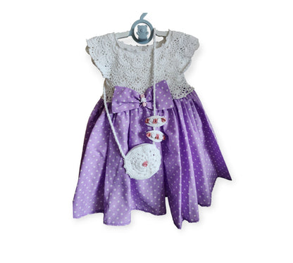 Girls Dress Special  Set White Polka Dot Purple Knit Top and  Fabric Knitting Girl Outfit ,Dress & Bag, Hair clips, and shorts,4 pcs Toddler