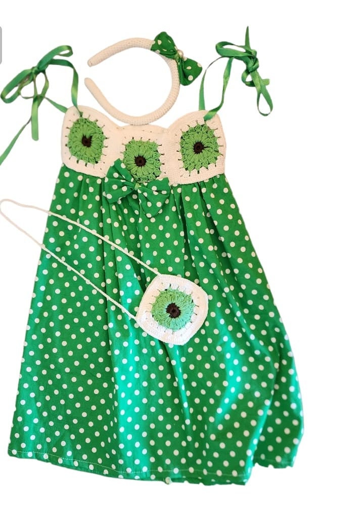 3 pcs Toddler Girls Dress Set White Polka Dot Green Fabric Skirts Knit Top .Girl Outfit  with Crown and Bag | Unique Kids' Clothing