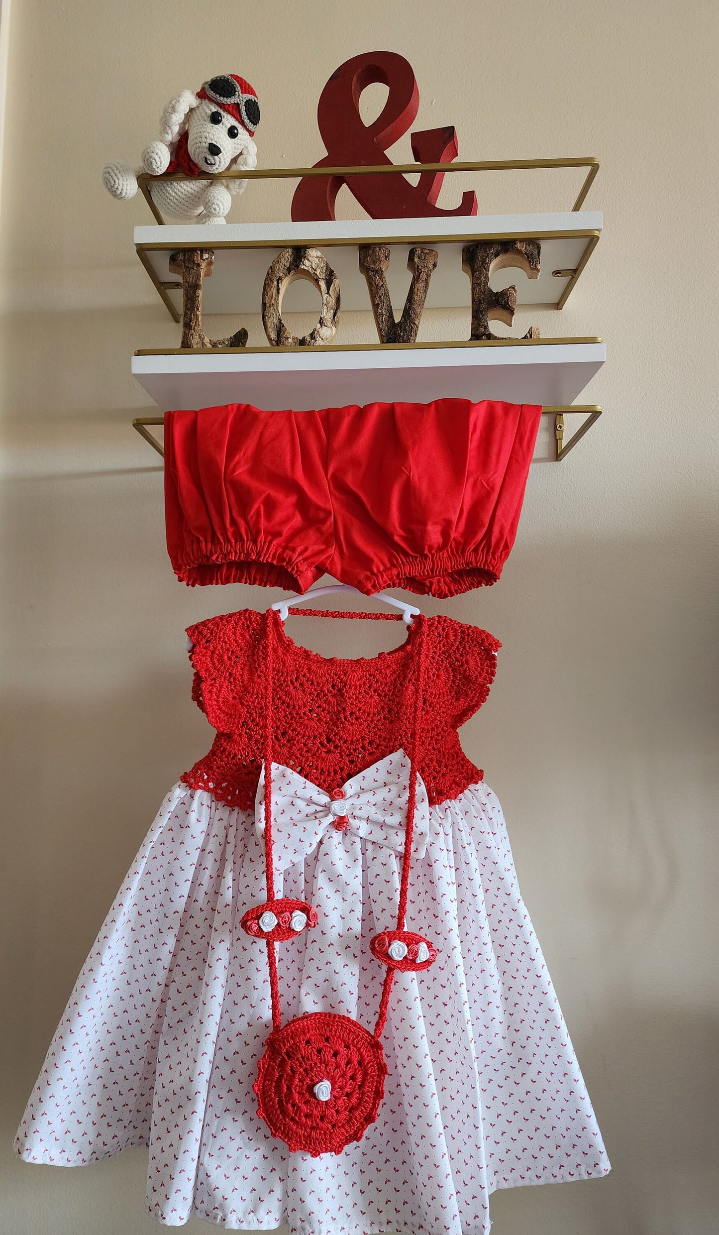 4 pcs Toddler Girls Dress Christmas Set White Polka Dot Red Knit Top and Fabric Knitting Girl Outfit ,Dress & Bag, Hair clips, and shorts
