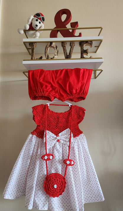 4 pcs Toddler Girls Dress Christmas Set White Polka Dot Red Knit Top and Fabric Knitting Girl Outfit ,Dress & Bag, Hair clips, and shorts