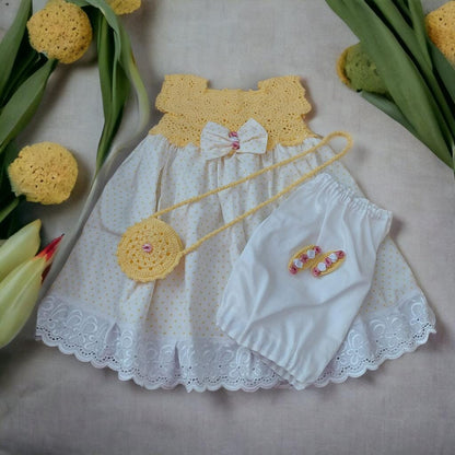 Knitting Girl Dress Outfit , 4 pcs Toddler Girls Dress Scalloped Side, Polka Dot Yellow  ,Dress & Bag, Hair clips, and shorts