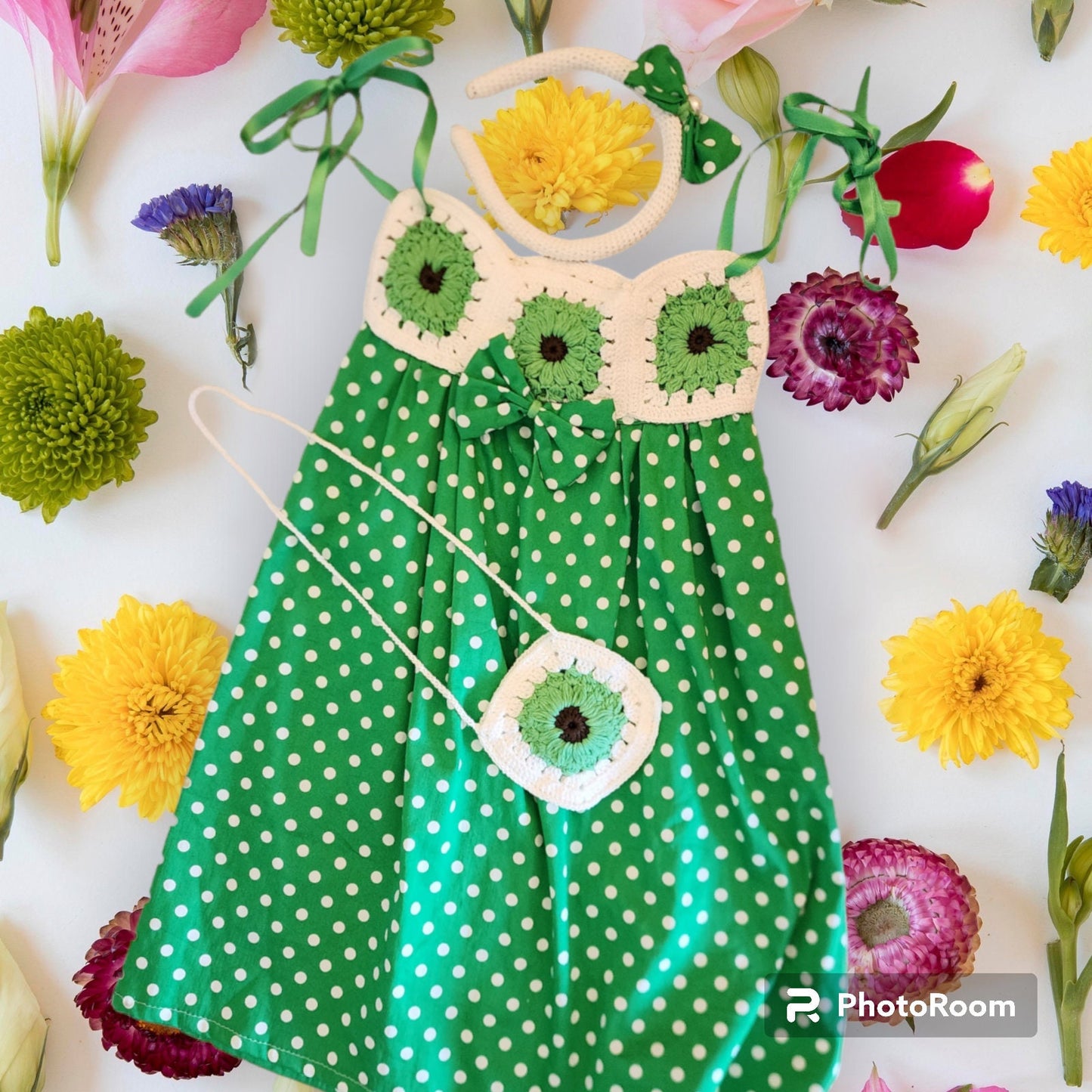 3 pcs Toddler Girls Dress Set White Polka Dot Green Fabric Skirts Knit Top .Girl Outfit  with Crown and Bag | Unique Kids' Clothing