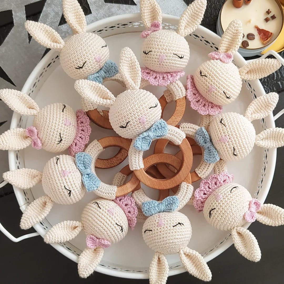 Amigurumi Pink Dress Bunny  Baby Set , 4 pcs  Rattle ,Pacifier and Key chain. New Born Gift Set, Crochets Sleeping Healty Amigurumi Toys