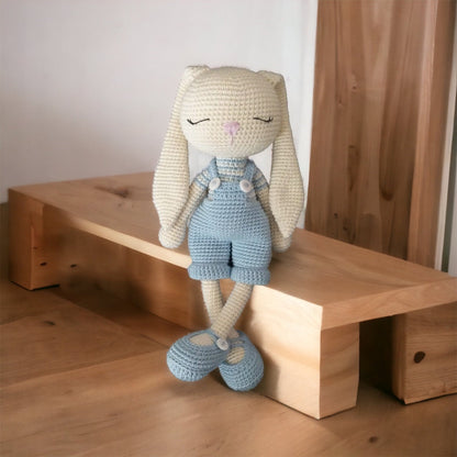 Amigurumi Rabbit  Blue Overalls Sleeping Set, 4 pcs, Toy, Rattle , Pacifier, Keychain  , Crochet Toy Baby  Rattle and Pacifier Holder Set