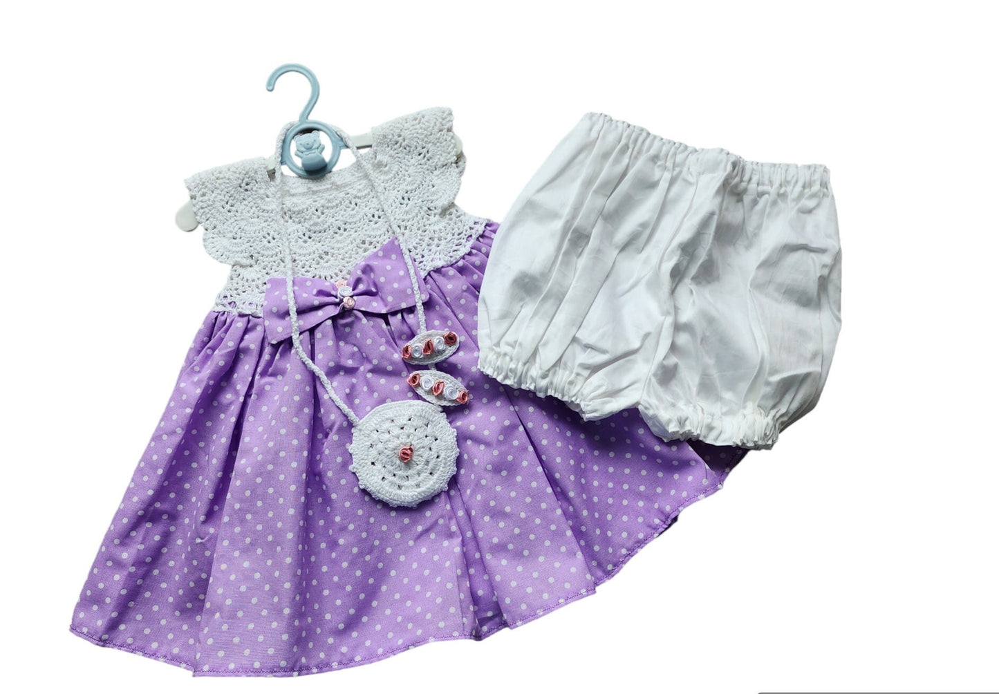 Girls Dress Special  Set White Polka Dot Purple Knit Top and  Fabric Knitting Girl Outfit ,Dress & Bag, Hair clips, and shorts,4 pcs Toddler