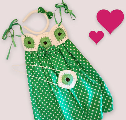 3 pcs Toddler Girls Dress Set White Polka Dot Green Fabric Skirts Knit Top .Girl Outfit  with Crown and Bag | Unique Kids' Clothing