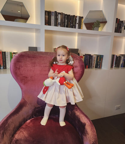 4 pcs Toddler Girls Dress Christmas Set White Polka Dot Red Knit Top and Fabric Knitting Girl Outfit ,Dress & Bag, Hair clips, and shorts