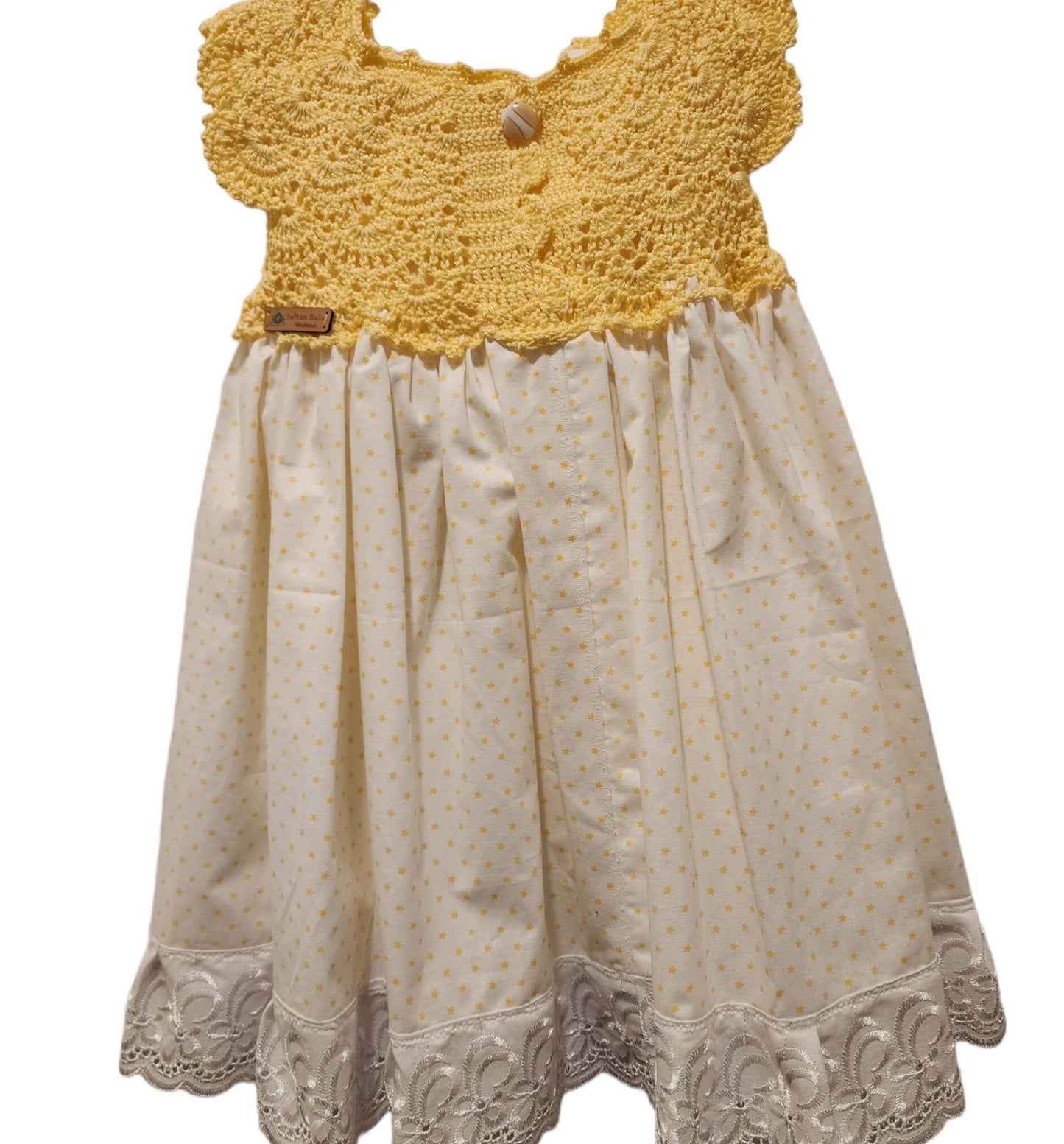 Knitting Girl Dress Outfit , 4 pcs Toddler Girls Dress Scalloped Side, Polka Dot Yellow  ,Dress & Bag, Hair clips, and shorts