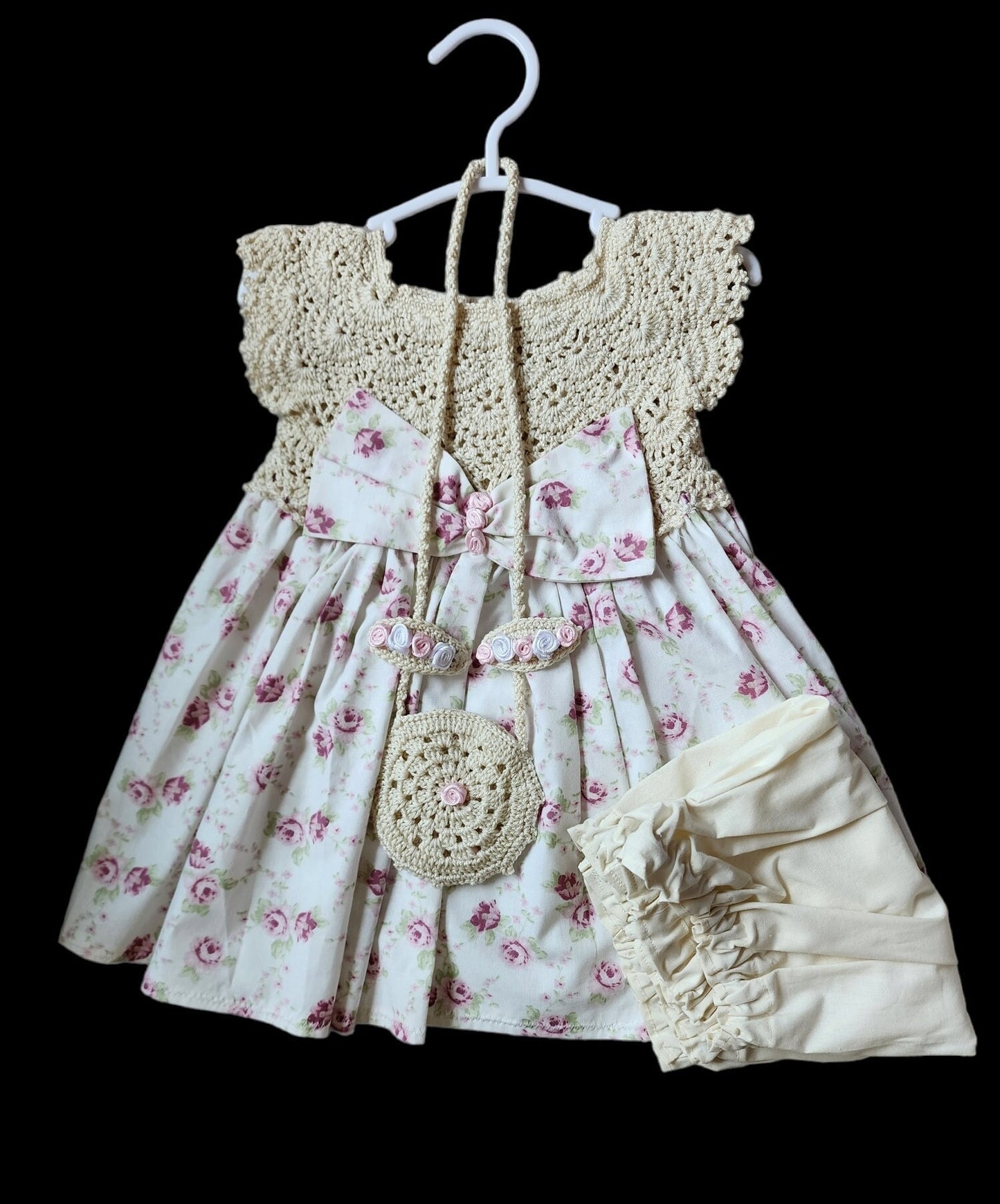 Baby Girls Dress  Rose Skirts Knit Top and Fabric Knitting Girl Outfit 4pcs  ,Dress & Bag, Hair clips, and shorts, 12 M