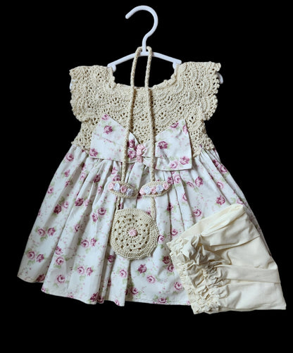 Baby Girls Dress  Rose Skirts Knit Top and Fabric Knitting Girl Outfit 4pcs  ,Dress & Bag, Hair clips, and shorts, 12 M