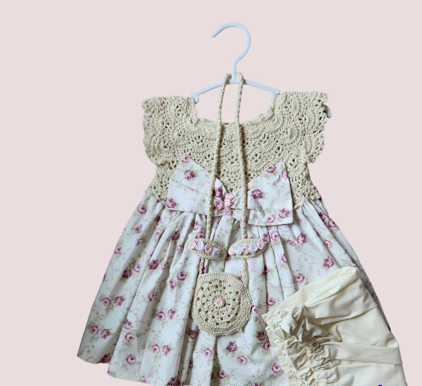 Baby Girls Dress  Rose Skirts Knit Top and Fabric Knitting Girl Outfit 4pcs  ,Dress & Bag, Hair clips, and shorts, 12 M