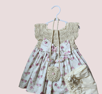 Baby Girls Dress  Rose Skirts Knit Top and Fabric Knitting Girl Outfit 4pcs  ,Dress & Bag, Hair clips, and shorts, 12 M