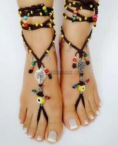 2 Pcs ( one per) Barefoot crochet sandals, Beach Sandals, Sandals for women, Boho sandals, Evil Eye Beaded Black barefoot, wedding Sandal