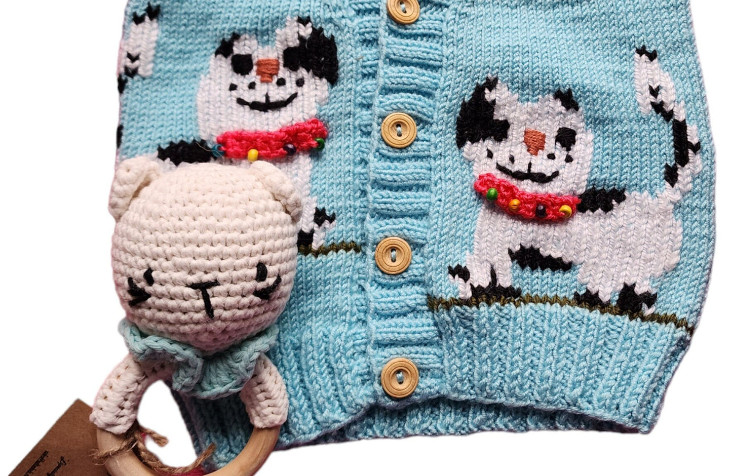 3 Pcs Blu Cat Design  Crochet Vest ,Boots And Cat Rattle, Knitting Baby Vest set , amigurumi Bear Rattle, Autumn baby outfit, 3-9 Monthly