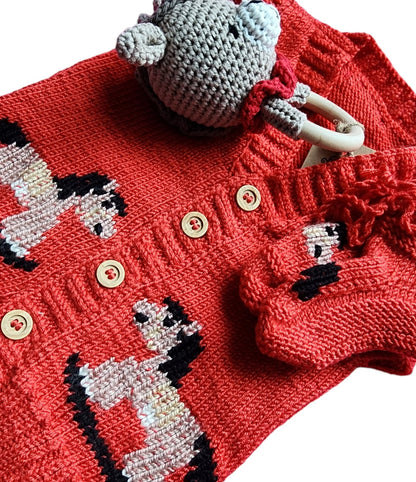 3 Pcs Cute Horse  Design Red  Crochet Vest ,Boots And Horse Rattle, Knitting Baby Vest set , amigurumi horse Rattle, Autumn baby outfit,6-9M