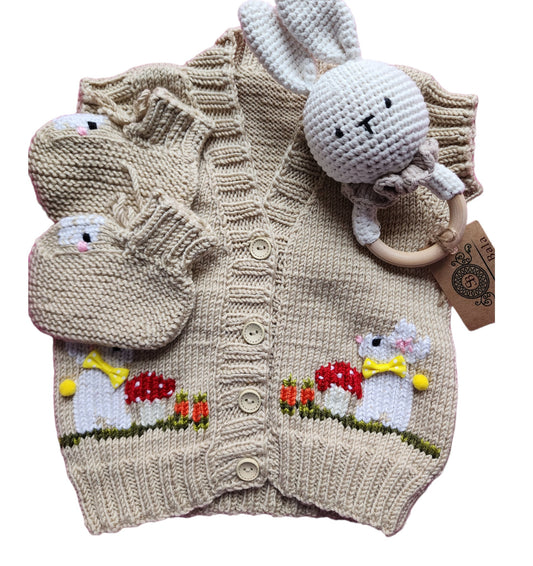 3 pcs Adorable Rabbit -Embroidered Beige  Knit Vest Set for Your Little One, Crochet Baby Vest Bear Set with boots and rattle..