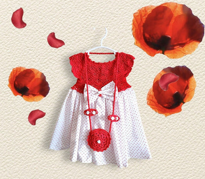 4 pcs Toddler Girls Dress Christmas Set White Polka Dot Red Knit Top and Fabric Knitting Girl Outfit ,Dress & Bag, Hair clips, and shorts
