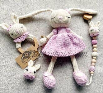 Amigurumi Pink Dress Bunny  Baby Set , 4 pcs  Rattle ,Pacifier and Key chain. New Born Gift Set, Crochets Sleeping Healty Amigurumi Toys