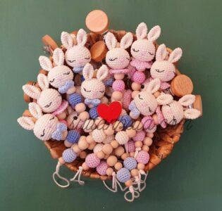 Amigurumi Pink Dress Bunny  Baby Set , 4 pcs  Rattle ,Pacifier and Key chain. New Born Gift Set, Crochets Sleeping Healty Amigurumi Toys