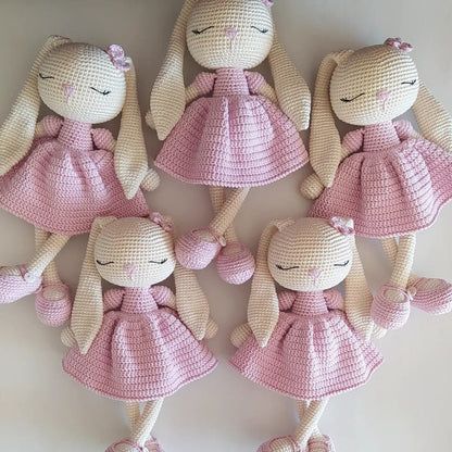 Amigurumi Pink Dress Bunny  Baby Set , 4 pcs  Rattle ,Pacifier and Key chain. New Born Gift Set, Crochets Sleeping Healty Amigurumi Toys