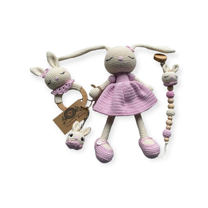 Amigurumi Pink Dress Bunny  Baby Set , 4 pcs  Rattle ,Pacifier and Key chain. New Born Gift Set, Crochets Sleeping Healty Amigurumi Toys